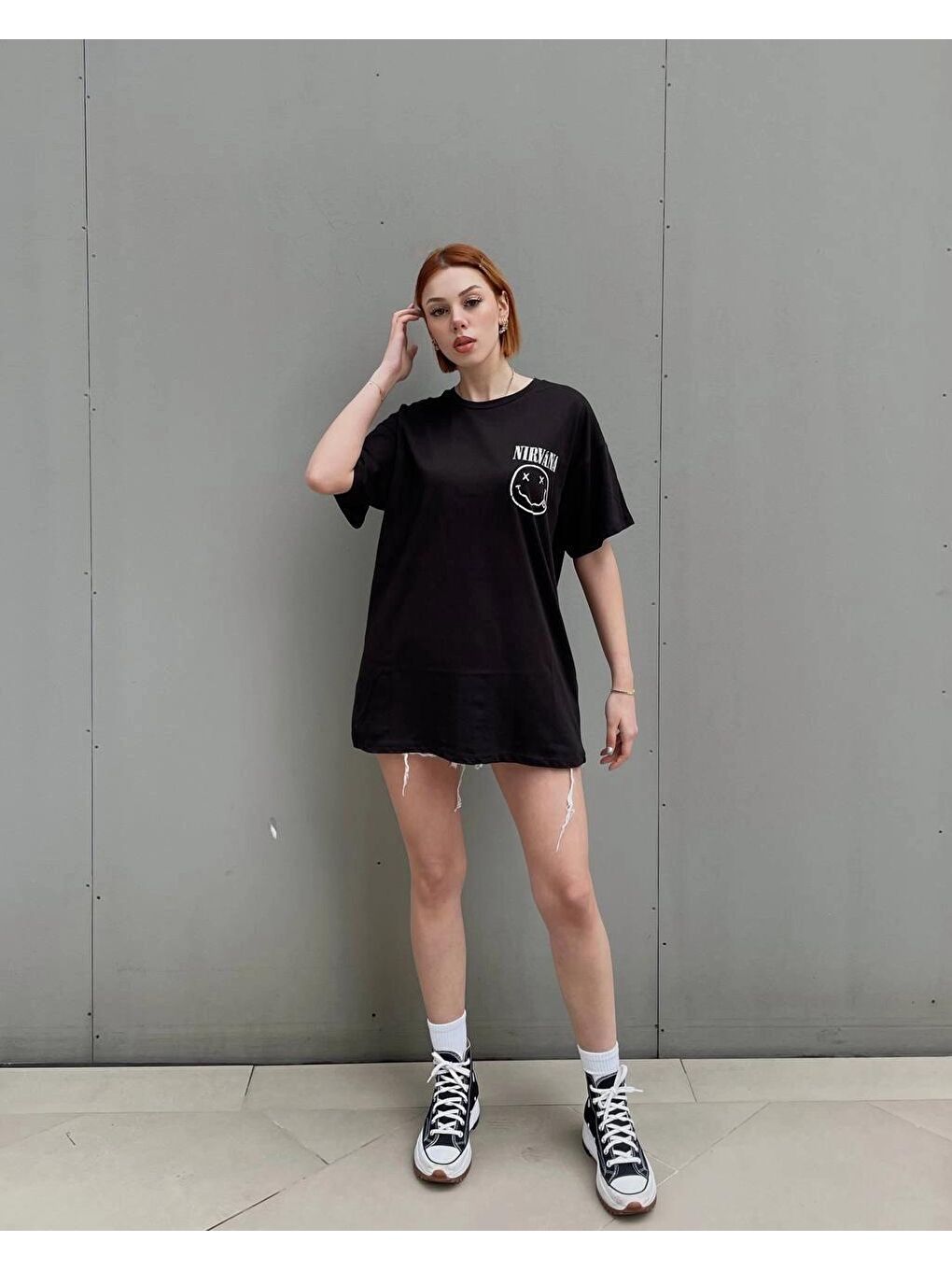 Siyah Ön Arka Baskılı Oversize T-Shirt-1