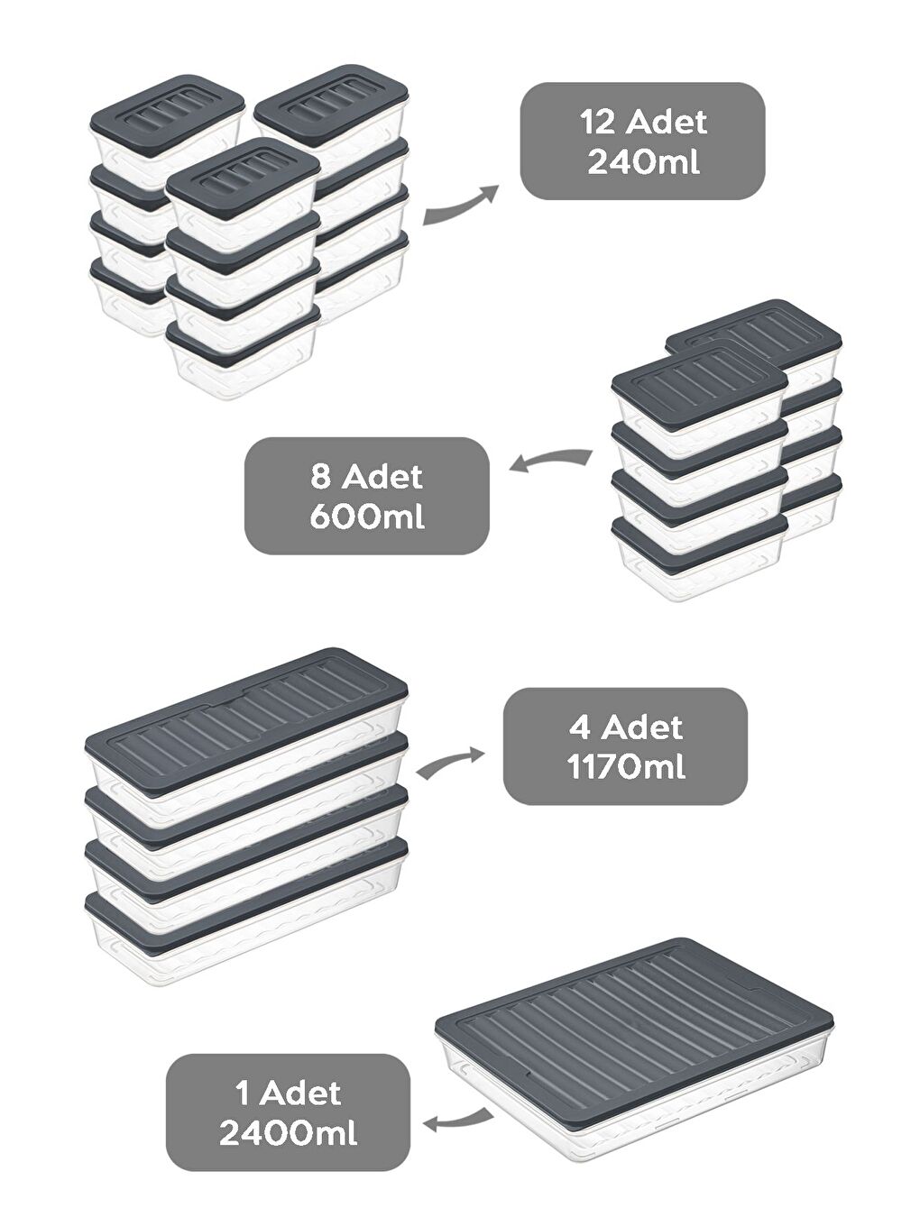 25 Parça Mikrodalga Uyu mlu Organizer Saklama Kabı 1x2400 ml 4x1170 ml 8x600 ml 12x240 ml Antrasit-1