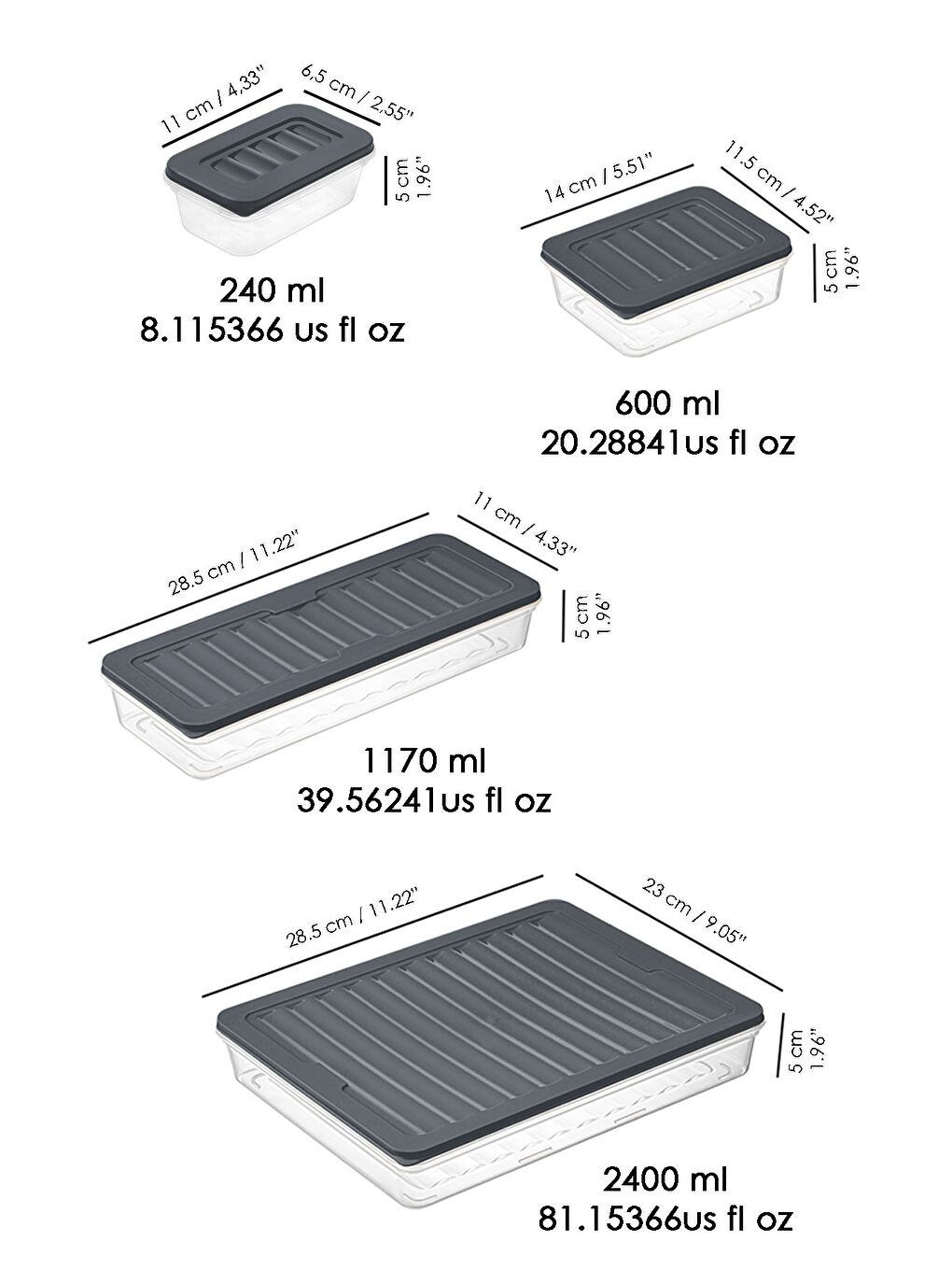 25 Parça Mikrodalga Uyu mlu Organizer Saklama Kabı 1x2400 ml 4x1170 ml 8x600 ml 12x240 ml Antrasit-6