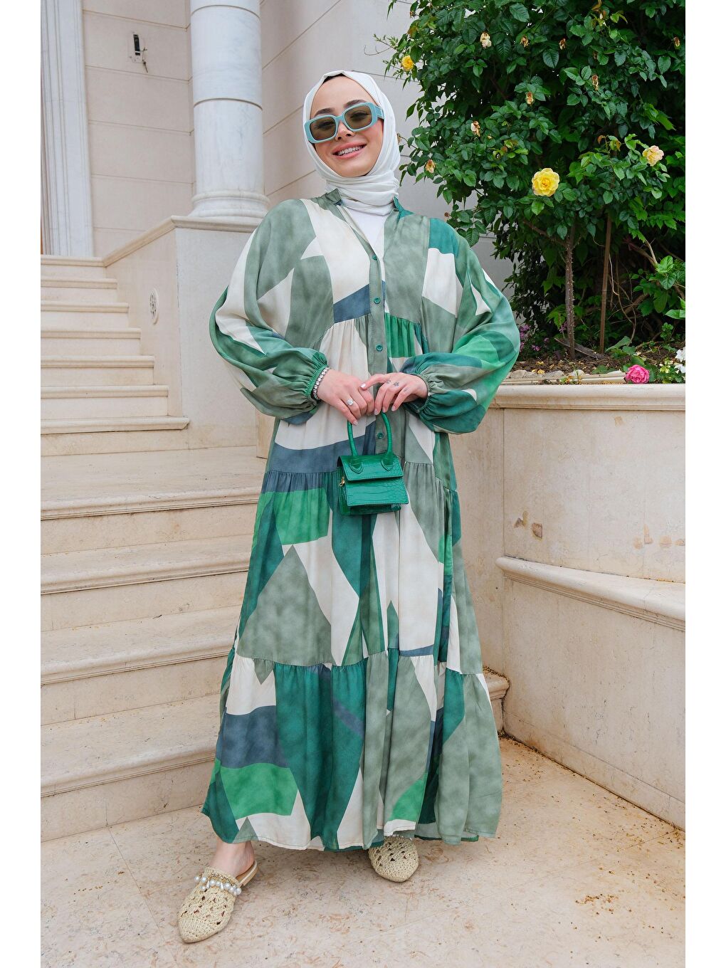 Karışık Desen Elbise Yeşil-3
