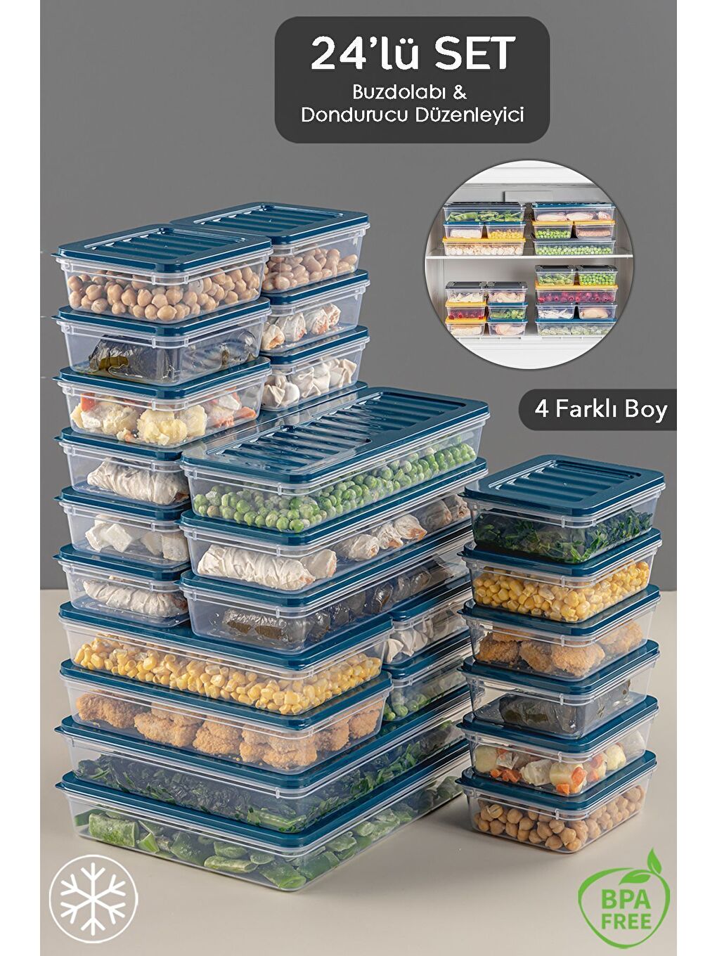 Mavi 24 Parça Saklama Kabı 2x2400 ml 4x1200 ml 6x1170 ml 12x600 ml Petrol