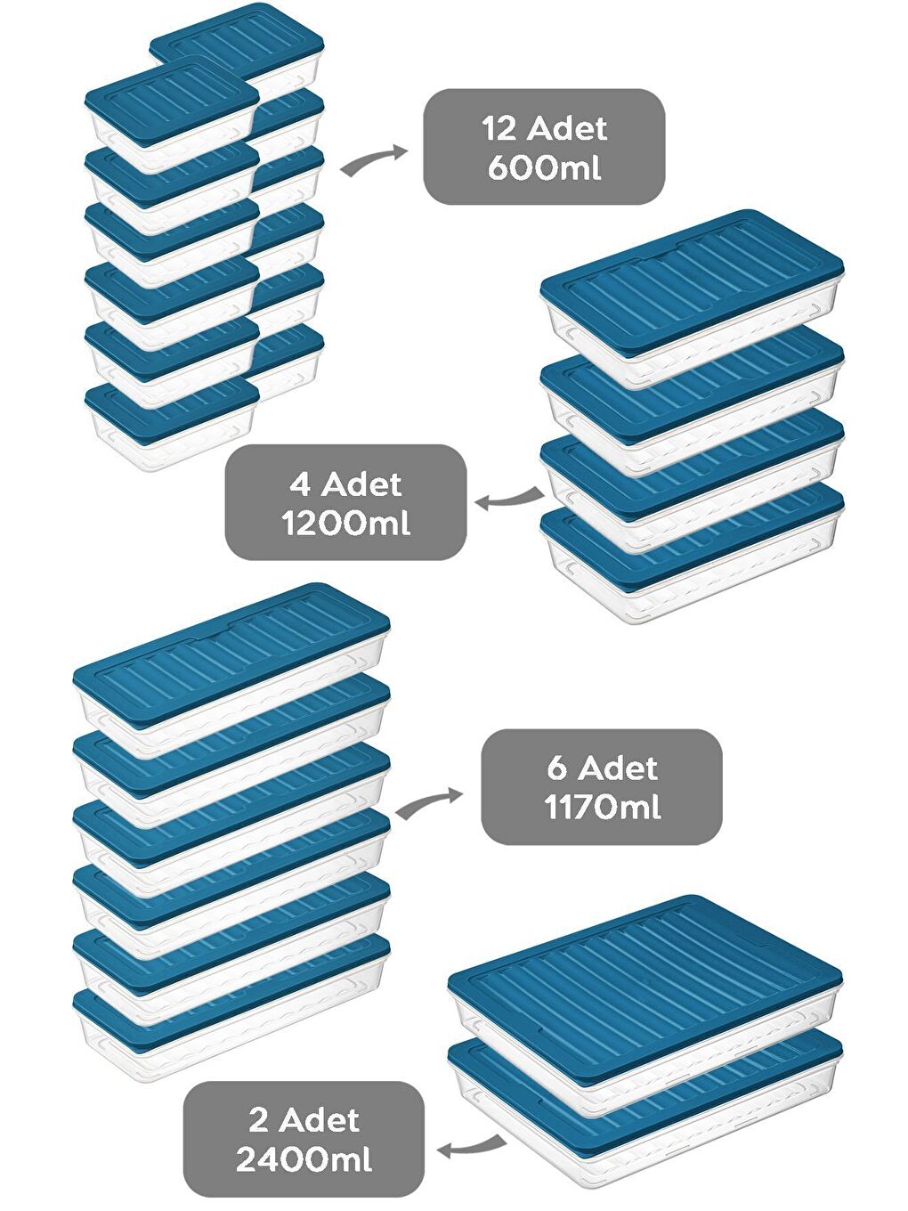 Mavi 24 Parça Saklama Kabı 2x2400 ml 4x1200 ml 6x1170 ml 12x600 ml Petrol-1