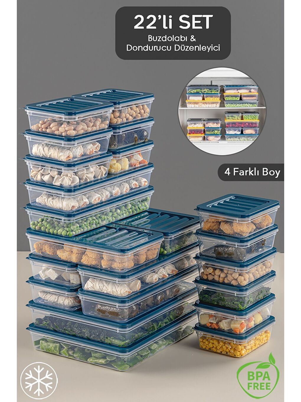 Mavi 22 Parça Saklama Kabı 2x2400 ml 2x1200 ml 6x1170 ml 12x600 ml Petrol