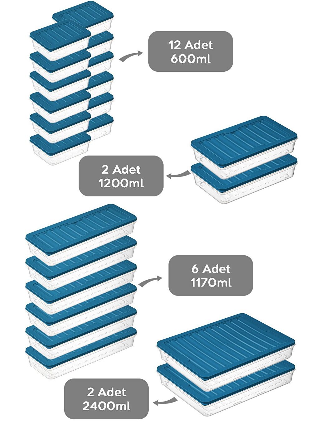 Mavi 22 Parça Saklama Kabı 2x2400 ml 2x1200 ml 6x1170 ml 12x600 ml Petrol-1