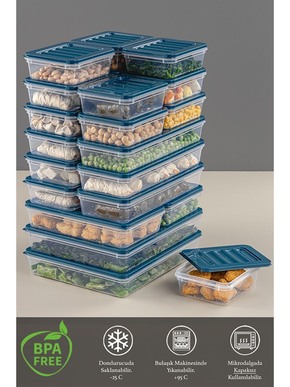 Mavi 22 Parça Saklama Kabı 2x2400 ml 2x1200 ml 6x1170 ml 12x600 ml Petrol-2