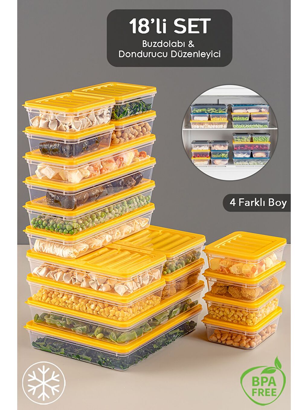 18 Parça Saklama Kabı 2x2400 ml 4x1200 ml 4x1170 ml 8x600 ml Sarı