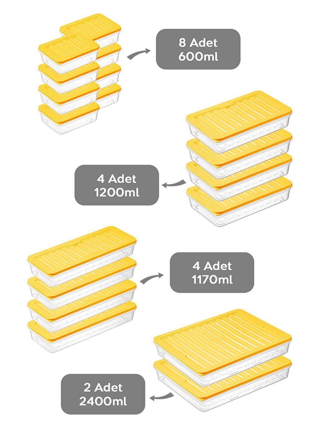 18 Parça Saklama Kabı 2x2400 ml 4x1200 ml 4x1170 ml 8x600 ml Sarı-1