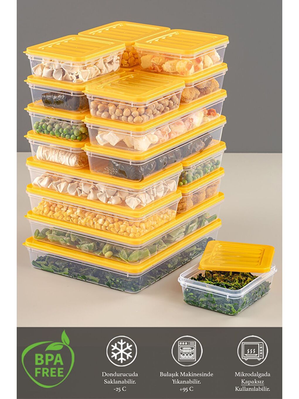 18 Parça Saklama Kabı 2x2400 ml 4x1200 ml 4x1170 ml 8x600 ml Sarı-2