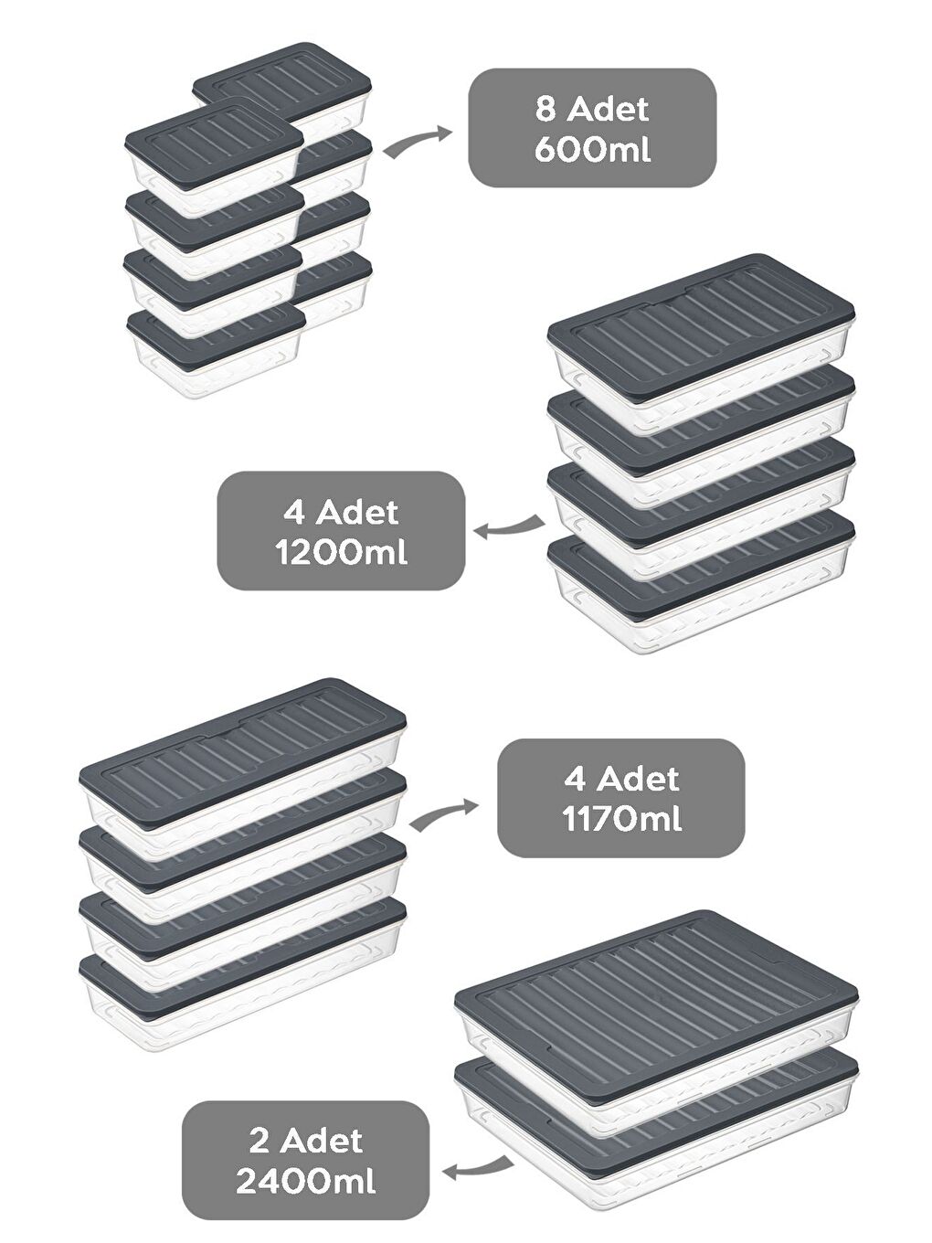 18 Parça Saklama Kabı 2x2400 ml 4x1200 ml 4x1170 ml 8x600 ml Antrasit-1