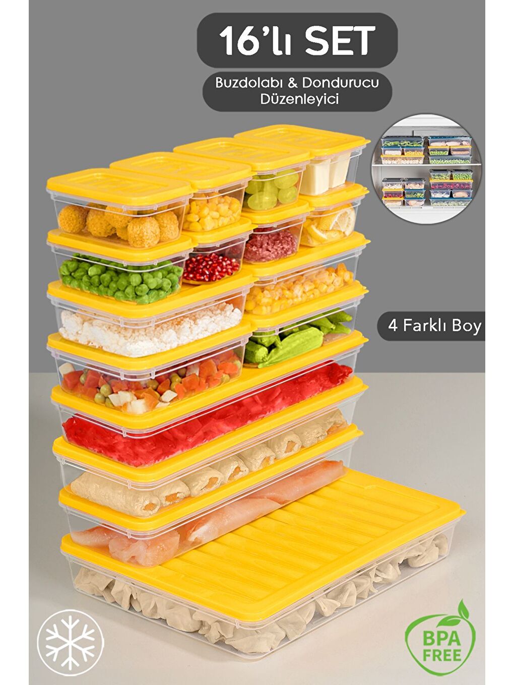 16 Parça Mikrodalga ve Difrize Uygun Saklama Kabı 1x2400 ml 3x1170 ml 4x600 ml 8x240 ml Sarı