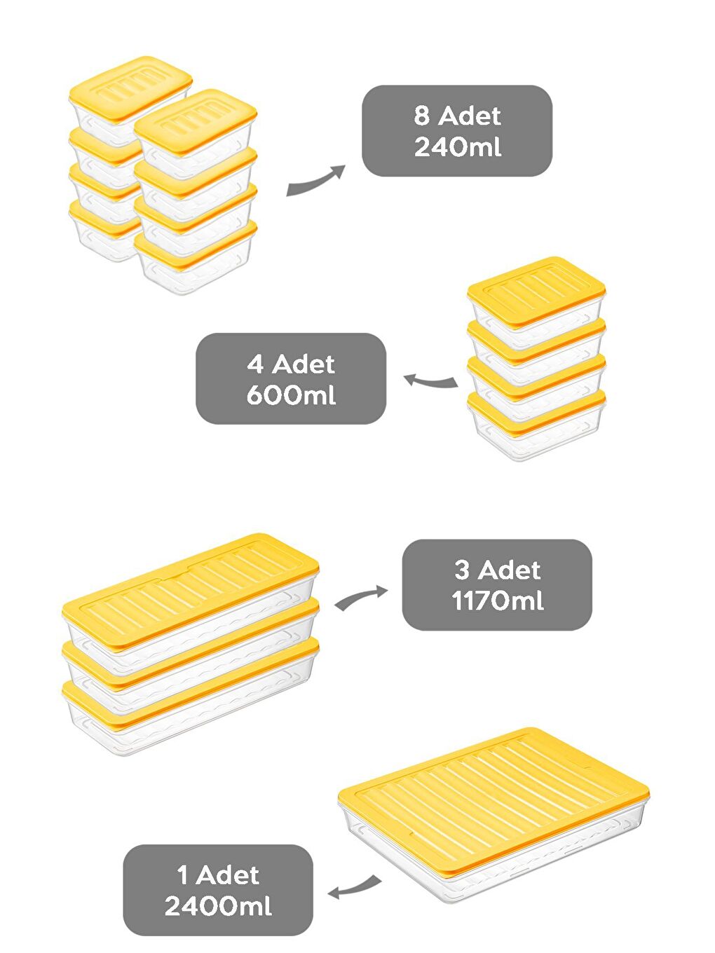16 Parça Mikrodalga ve Difrize Uygun Saklama Kabı 1x2400 ml 3x1170 ml 4x600 ml 8x240 ml Sarı-1