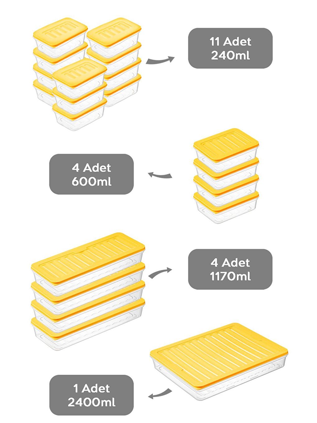 20 Parça Mikrodalga Uyu mlu Organizer Saklama Kabı 1x2400 ml 4x1170 ml 4x600 ml 11x240 ml Sarı-1