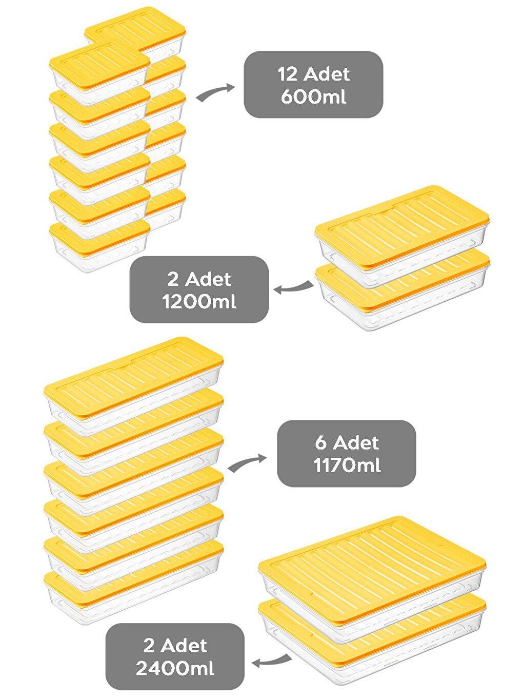 22 Parça Saklama Kabı 2x2400 ml 2x1200 ml 6x1170 ml 12x600 ml Sarı-1