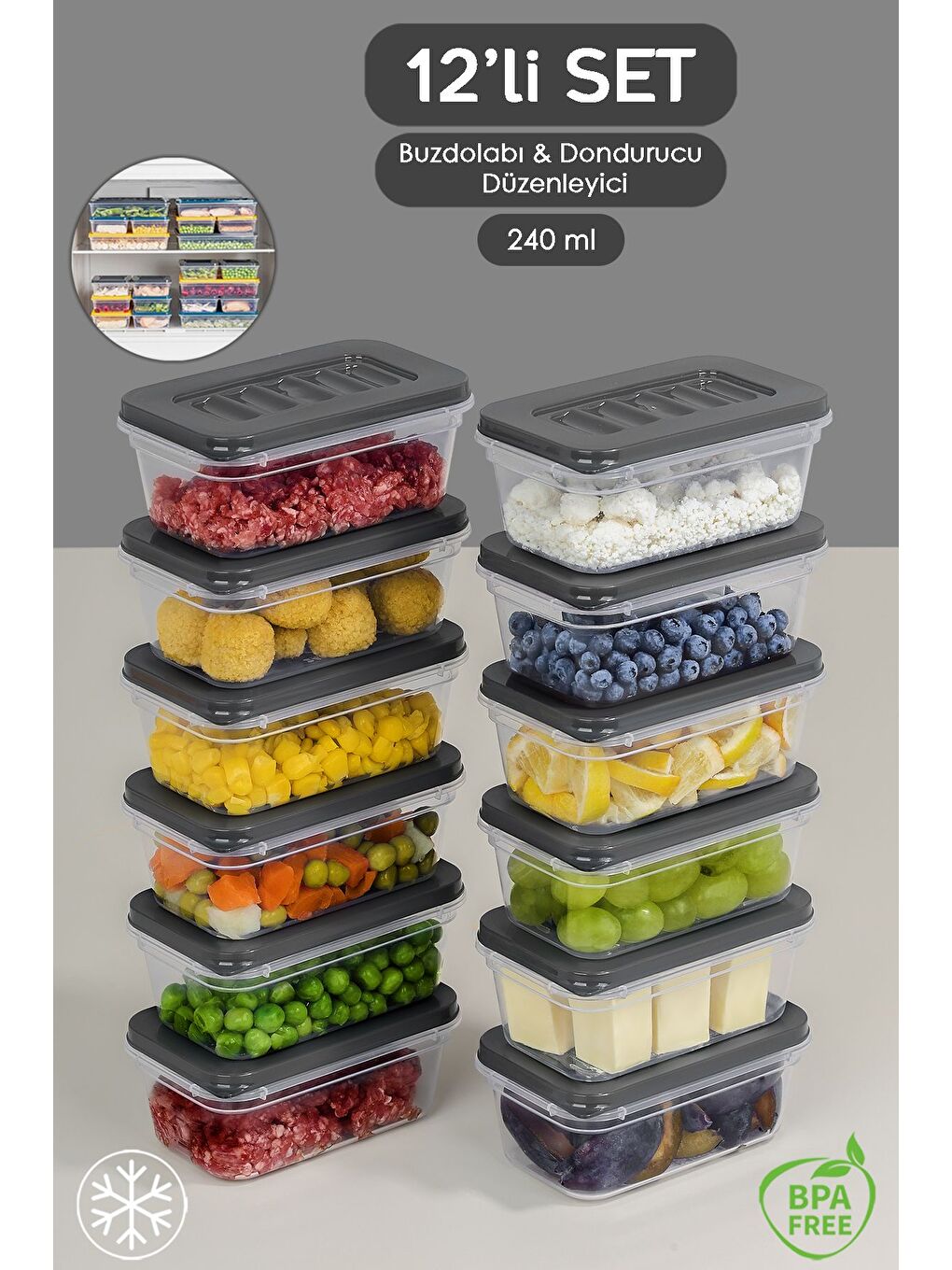 12'li Buzdolabı Düzenleyici Organizer Mikrodalga ve Difrize Uygun Saklama Kabı 12x240 ml Antrasit