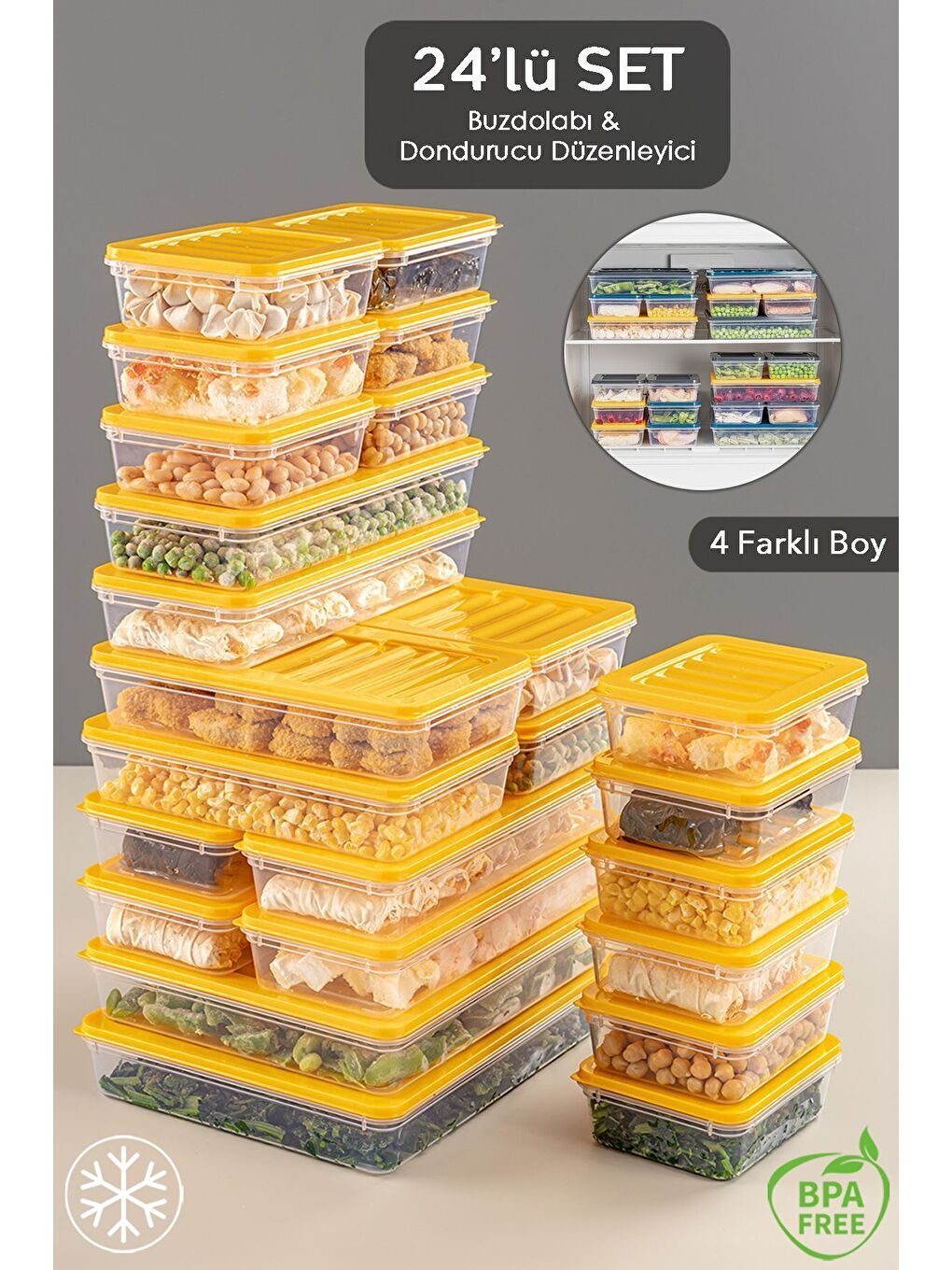 24 Parça Saklama Kabı 2x2400 ml 4x1200 ml 6x1170 ml 12x600 ml Sarı