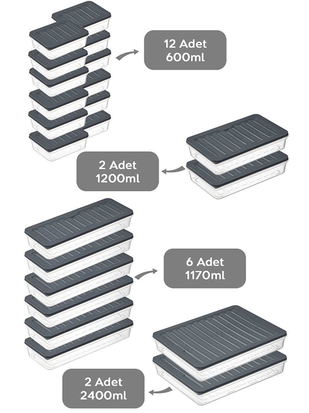 22 Parça Saklama Kabı 2x2400 ml 2x1200 ml 6x1170 ml 12x600 ml Antrasit-1