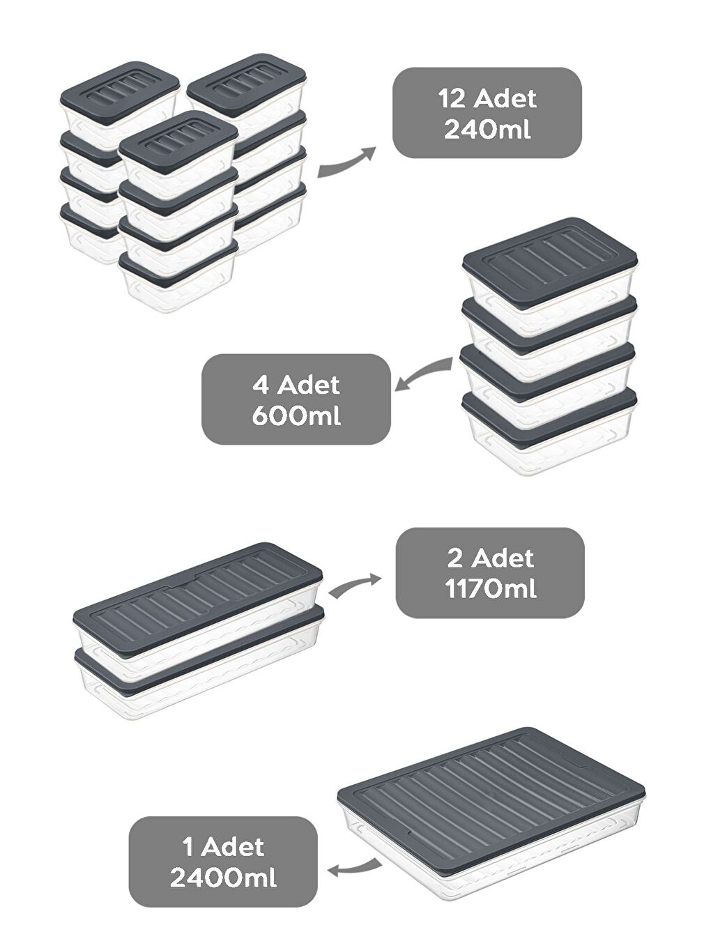 19 Parça Mikrodalga ve Difrize Uygun Saklama Kabı 1x2400 ml 2x1170 ml 4x600 ml 12x240 ml Antrasit-1