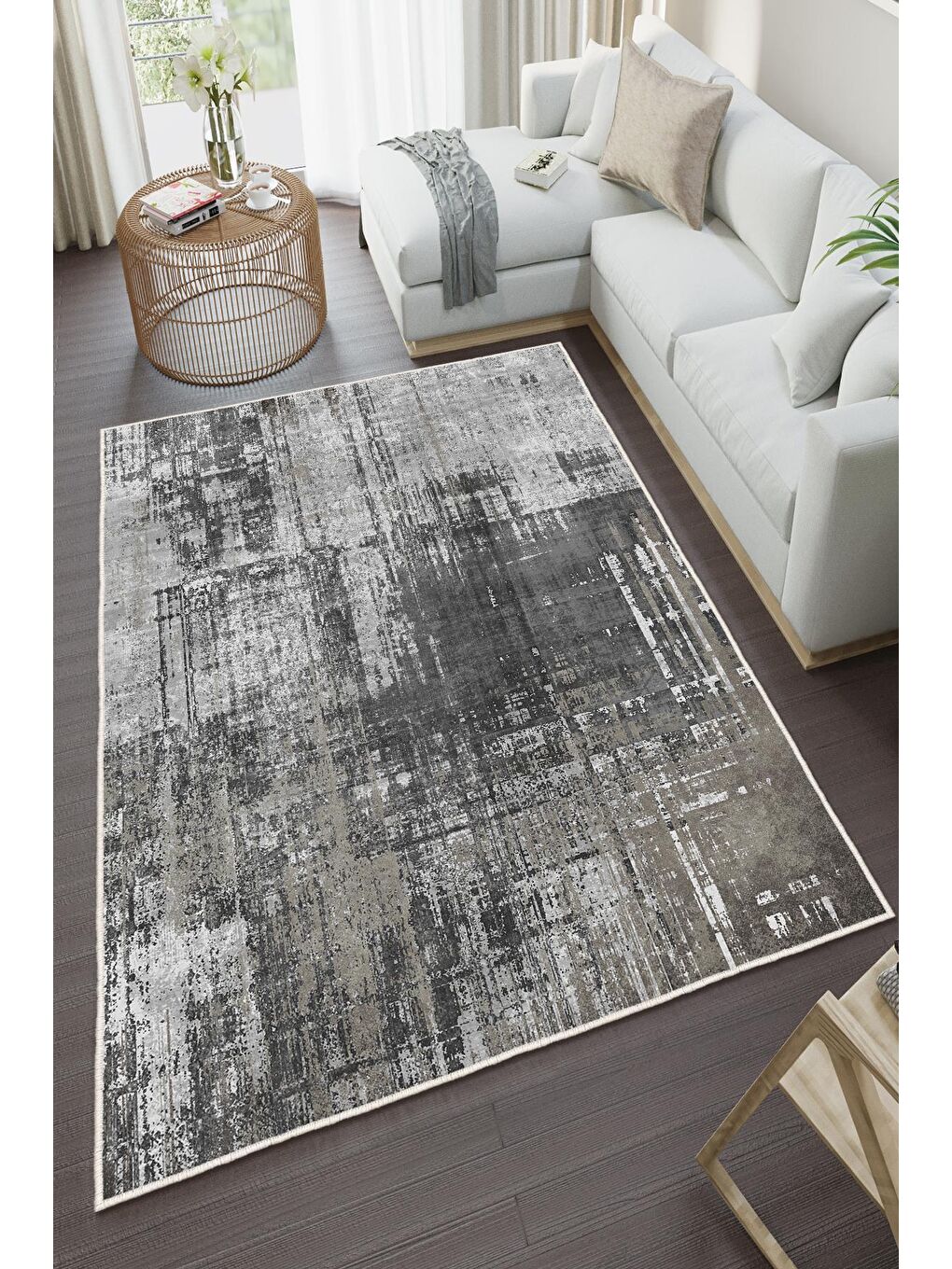 Gri Özel Tasarım, Kaymaz Taban, İnce, Yıkanabilir, Modern Halı WOOKECE1468 160x230-2