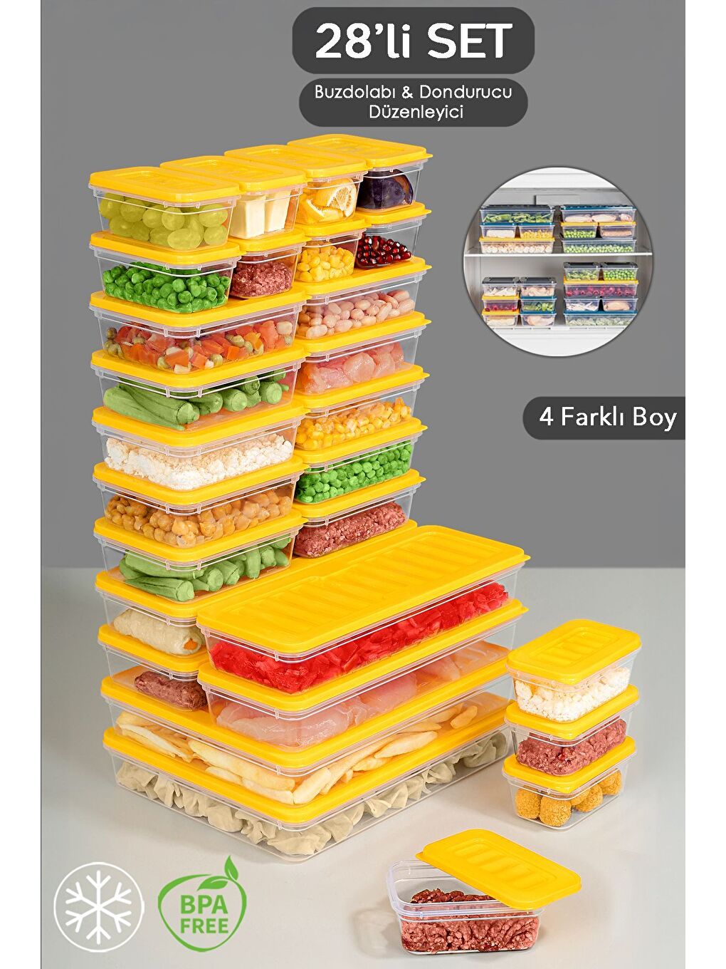 28 Parça Mikrodalga ve Difrize Uygun Saklama Kabı 2x2400 ml 4x1170 ml 10x600 ml 12x240 ml Sarı