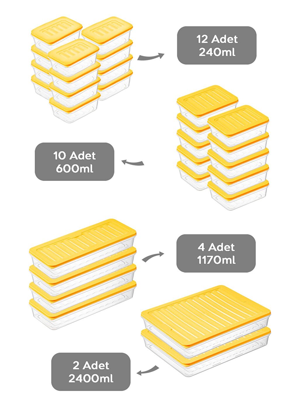 28 Parça Mikrodalga ve Difrize Uygun Saklama Kabı 2x2400 ml 4x1170 ml 10x600 ml 12x240 ml Sarı-1