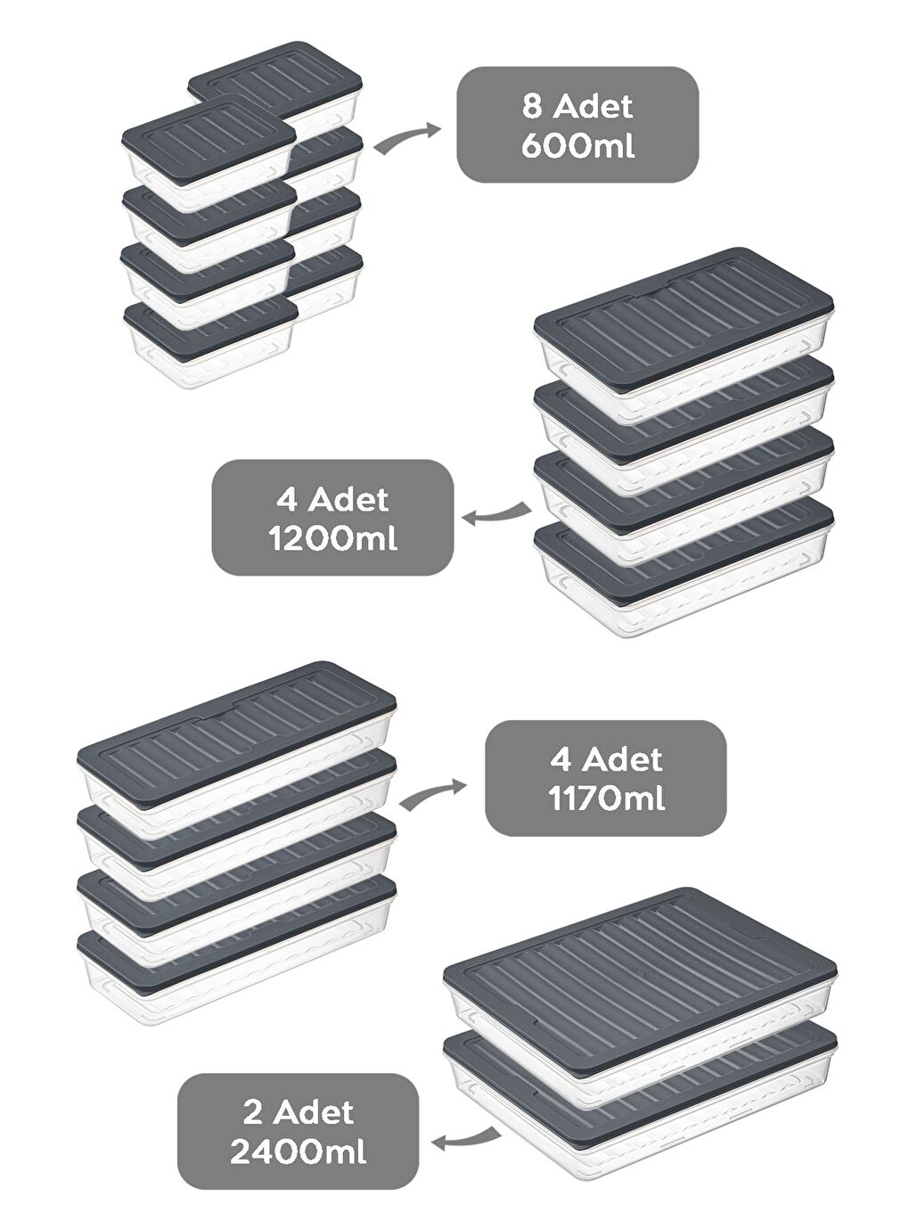 Mikrodalga ve Difriz Uyumlu 18 Parça Saklama Kabı Seti  2x2400Ml 4x1200Ml 4x1170Ml 8x600Ml  Antrasit-1