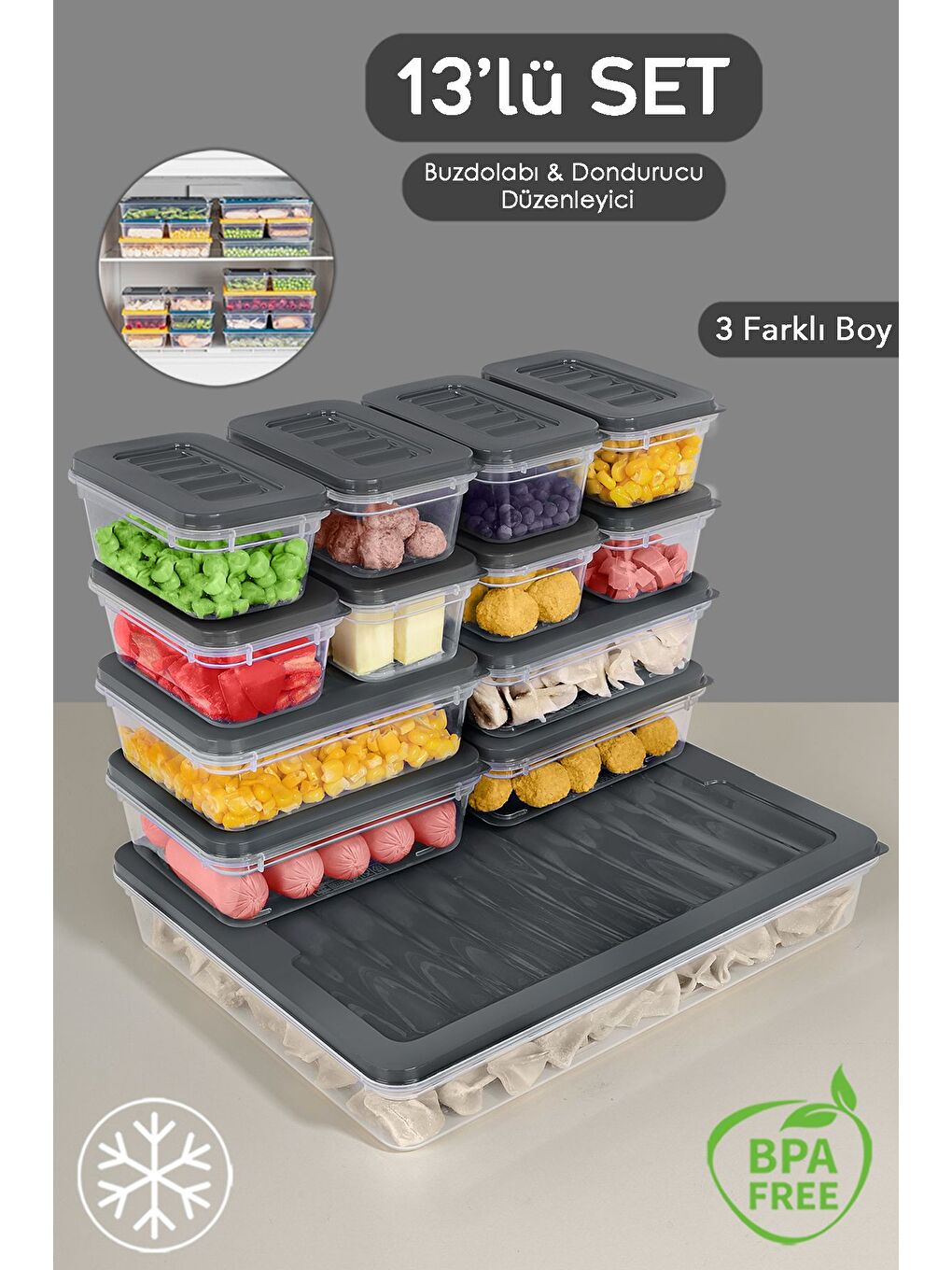 13 lü Buzdolabı Düzenleyici Organizer Set Mikrodalga Difriz Kabı   1x2400ml 4x600ml 8x240ml Antrasit