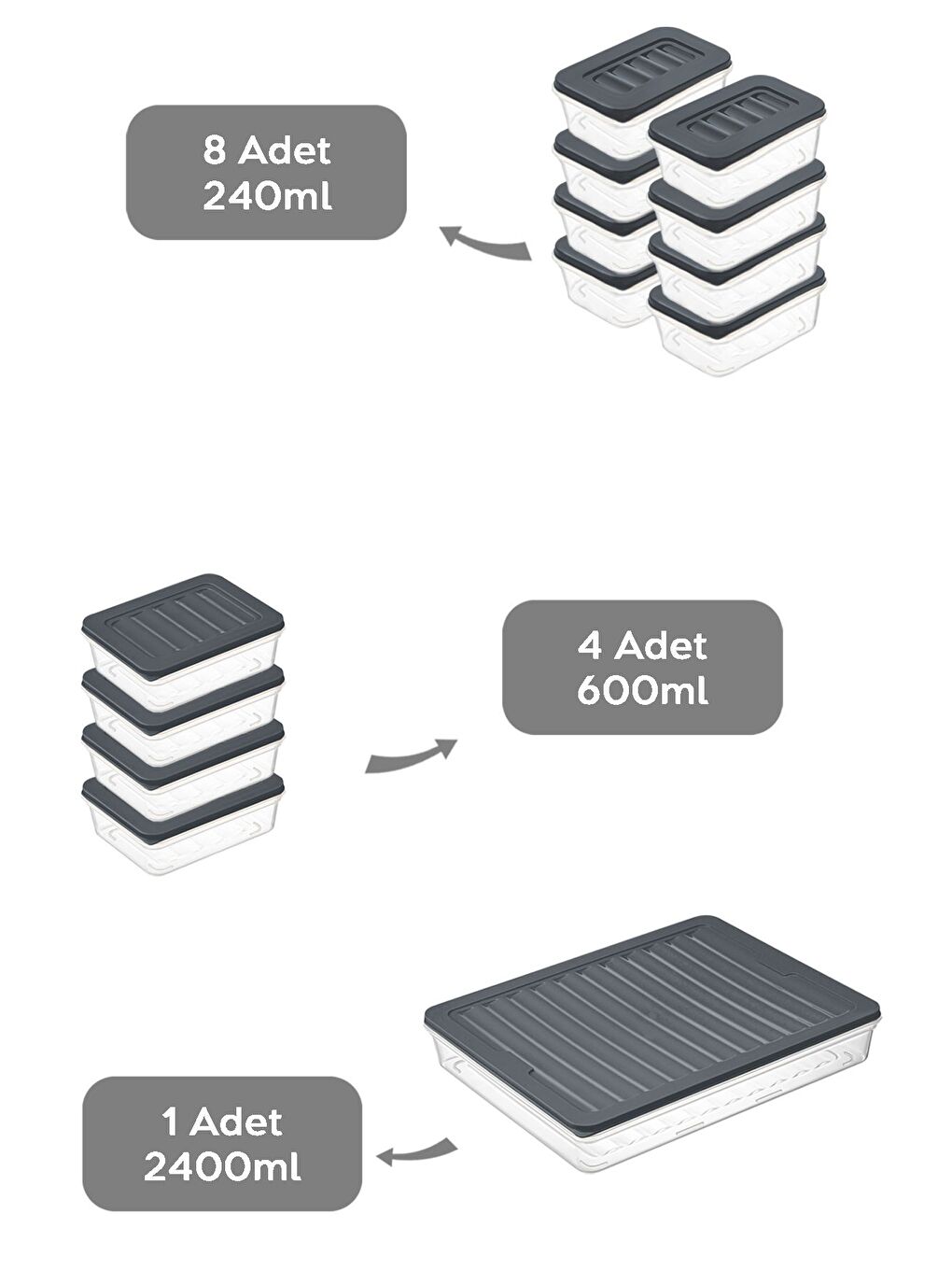 13 lü Buzdolabı Düzenleyici Organizer Set Mikrodalga Difriz Kabı   1x2400ml 4x600ml 8x240ml Antrasit-1