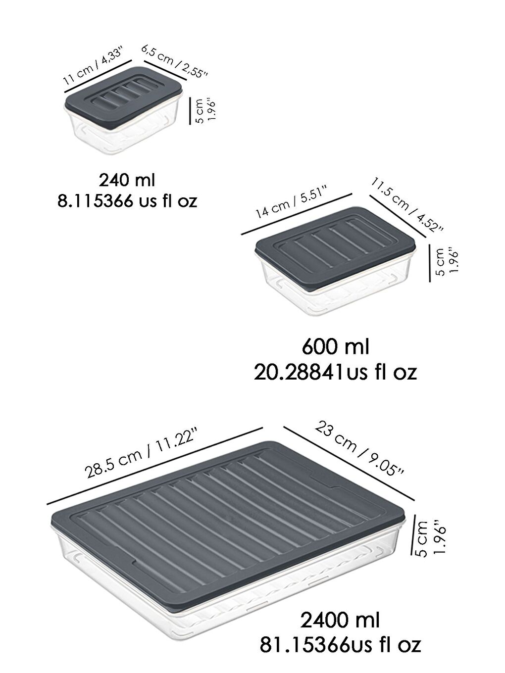 13 lü Buzdolabı Düzenleyici Organizer Set Mikrodalga Difriz Kabı   1x2400ml 4x600ml 8x240ml Antrasit-5