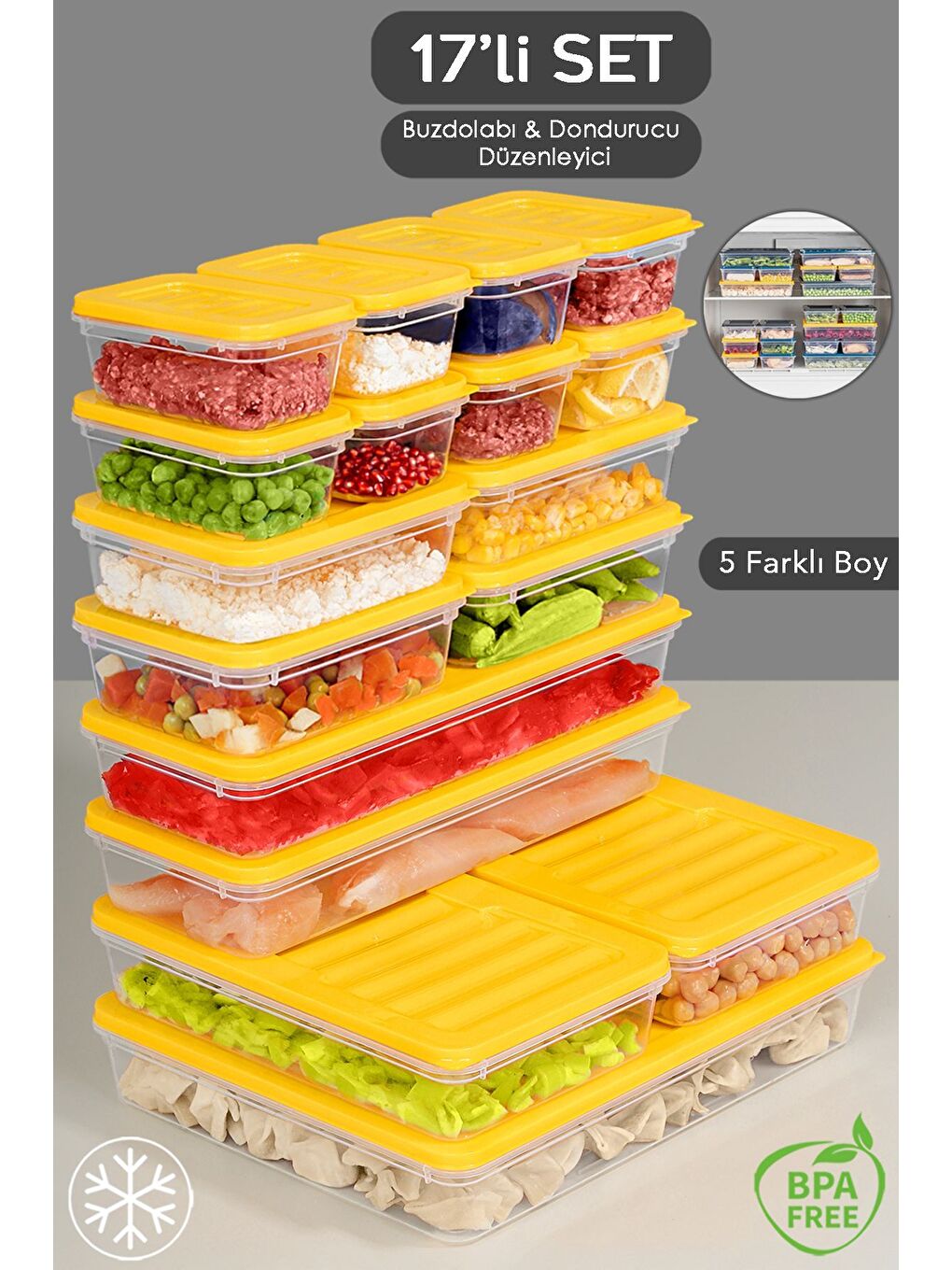 17 Parça Mikrodalga Uyumlu Organizer Saklama Kabı   1x2400ml 2x1170ml 2x1200ml 4x600ml 8x240ml Sarı