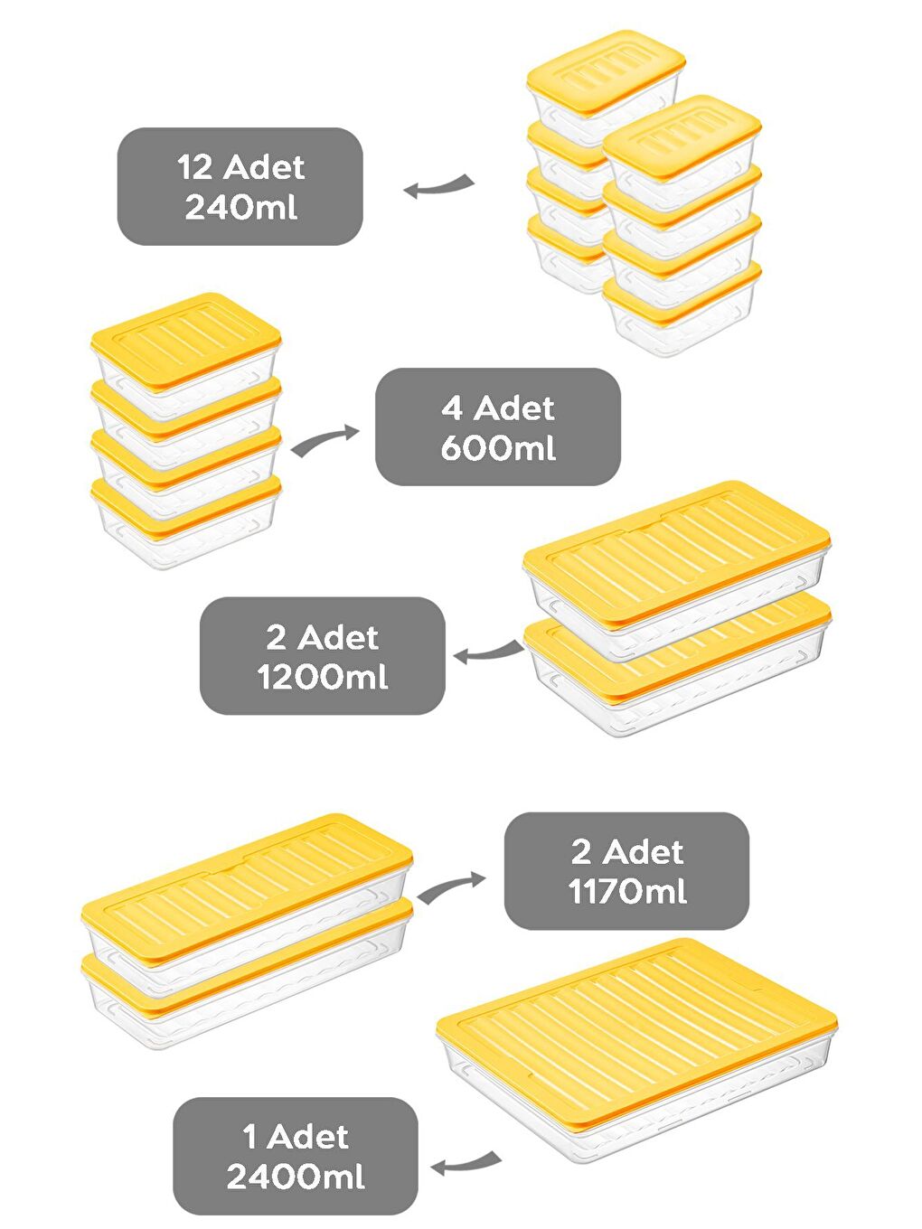 17 Parça Mikrodalga Uyumlu Organizer Saklama Kabı   1x2400ml 2x1170ml 2x1200ml 4x600ml 8x240ml Sarı-1