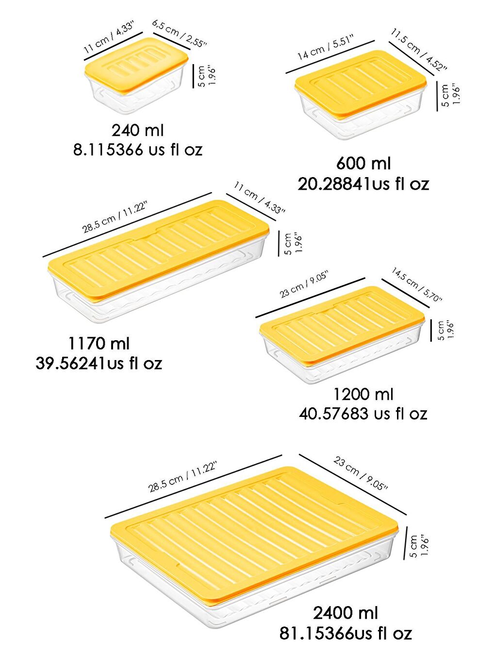 17 Parça Mikrodalga Uyumlu Organizer Saklama Kabı   1x2400ml 2x1170ml 2x1200ml 4x600ml 8x240ml Sarı-5