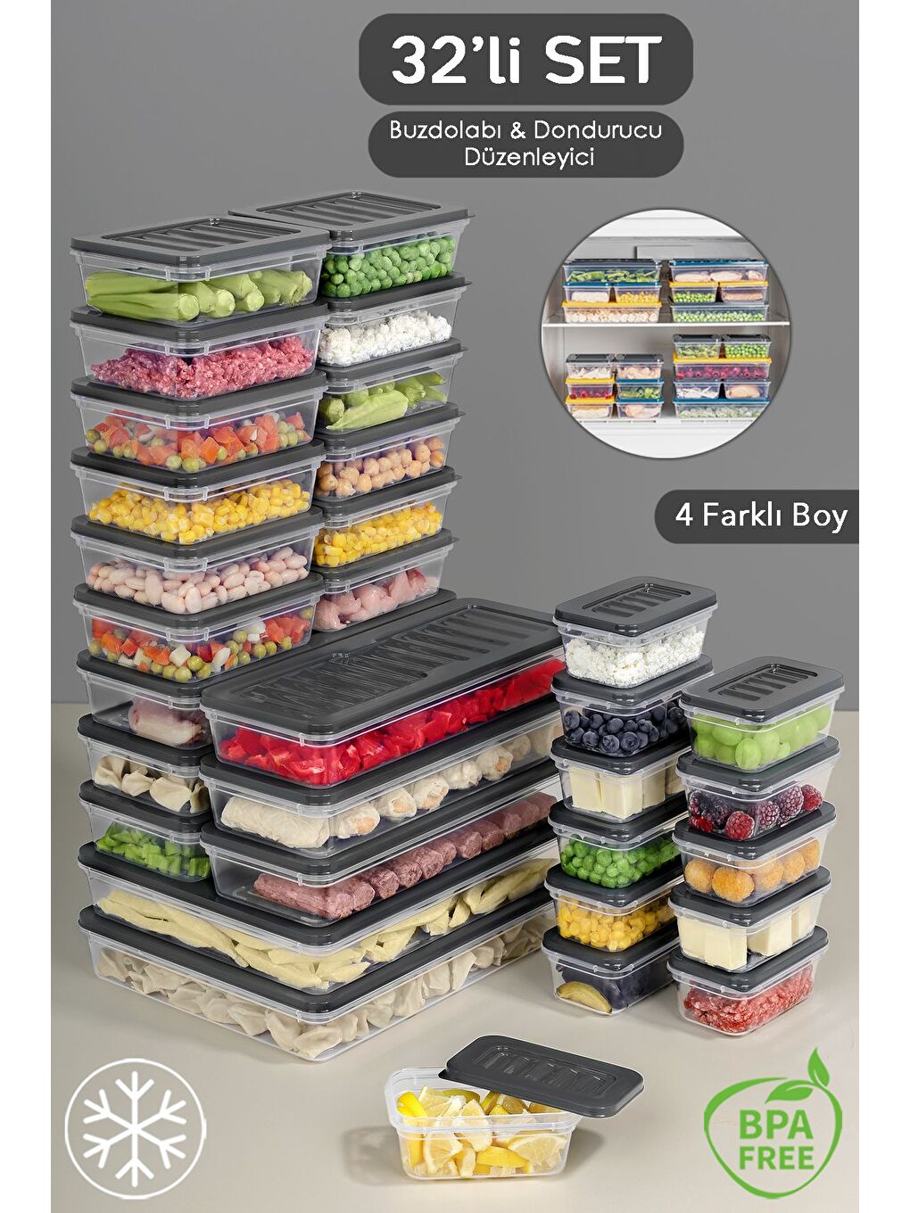 32 Parça Mikrodalga ve Difrize Uygun Saklama Kabı 2x2400 ml 6x1170 ml 12x600 ml 12x240 ml Antrasit