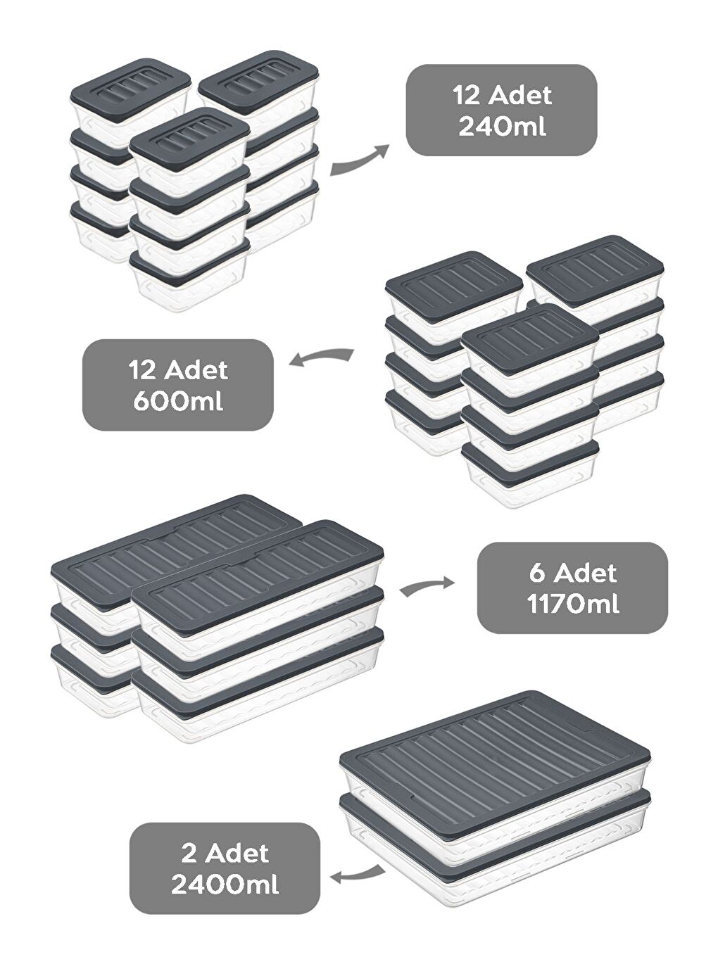 32 Parça Mikrodalga ve Difrize Uygun Saklama Kabı 2x2400 ml 6x1170 ml 12x600 ml 12x240 ml Antrasit-1
