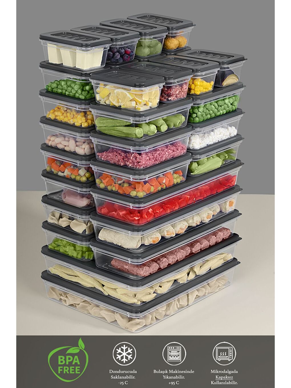 32 Parça Mikrodalga ve Difrize Uygun Saklama Kabı 2x2400 ml 6x1170 ml 12x600 ml 12x240 ml Antrasit-2