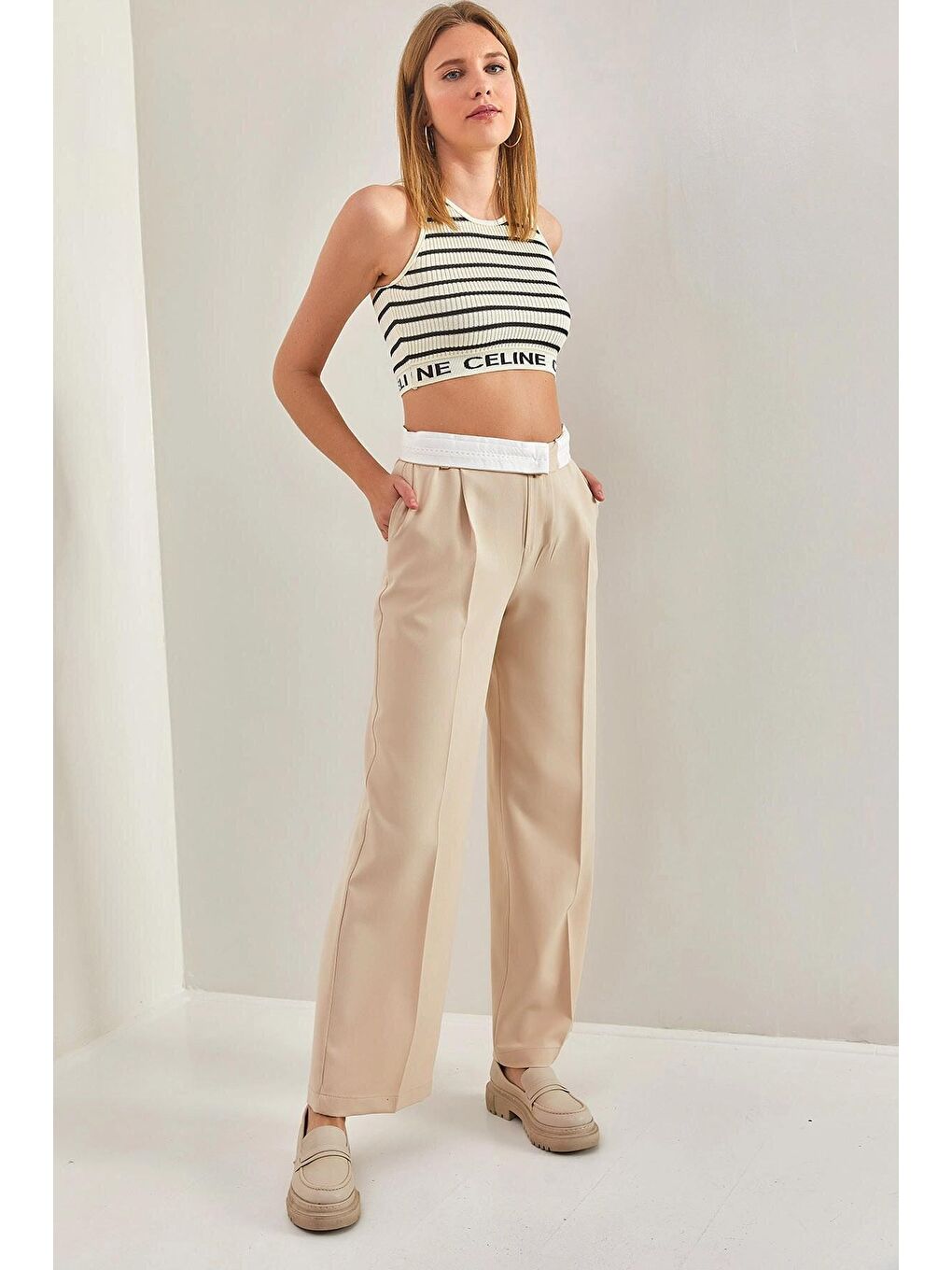 Bej Kadın Kemeri Astarlı Pantolon