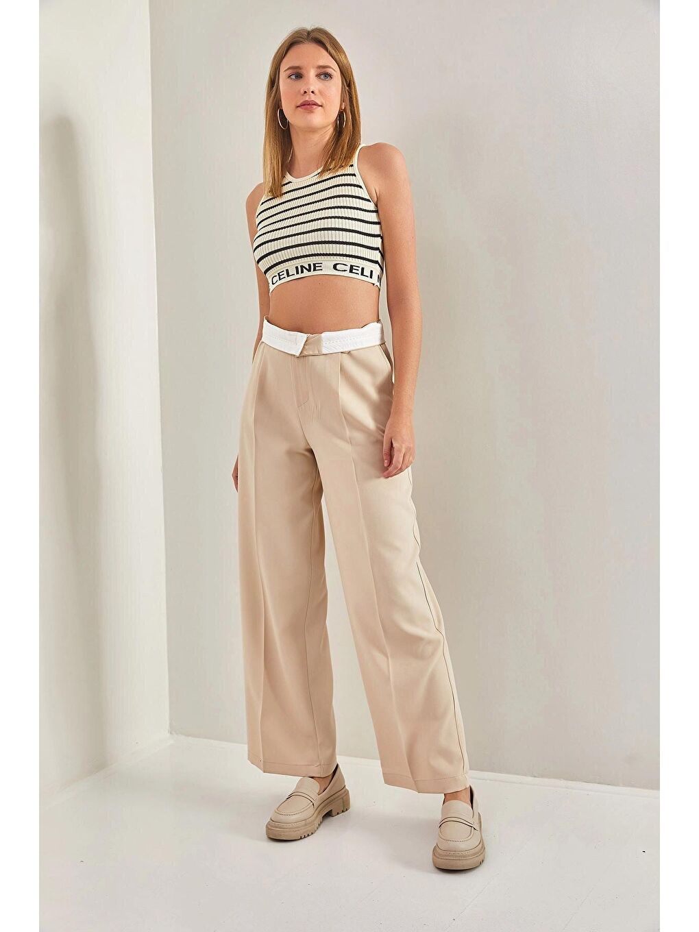 Bej Kadın Kemeri Astarlı Pantolon-1