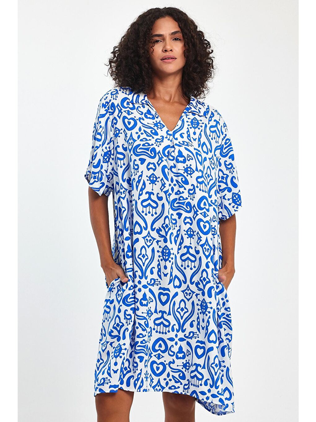 Beyaz Kadın Gömlek Yaka Desenli Elbise TT73