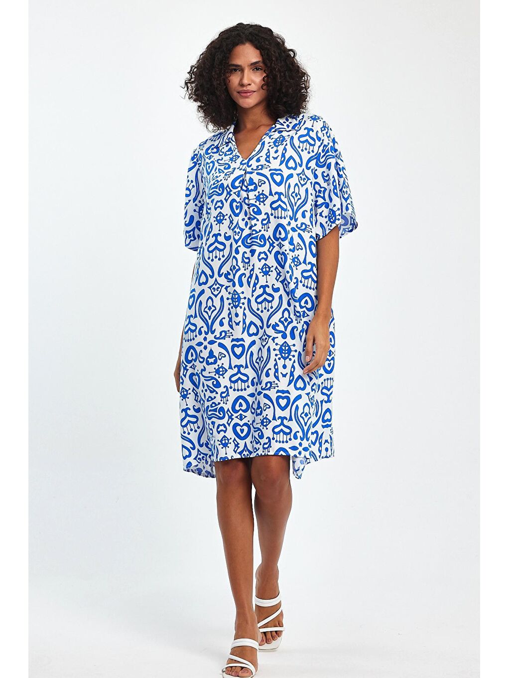 Beyaz Kadın Gömlek Yaka Desenli Elbise TT73-1