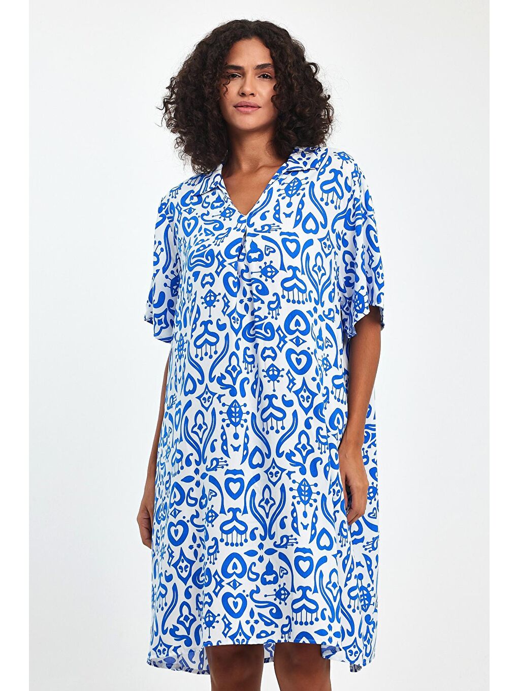 Beyaz Kadın Gömlek Yaka Desenli Elbise TT73-4