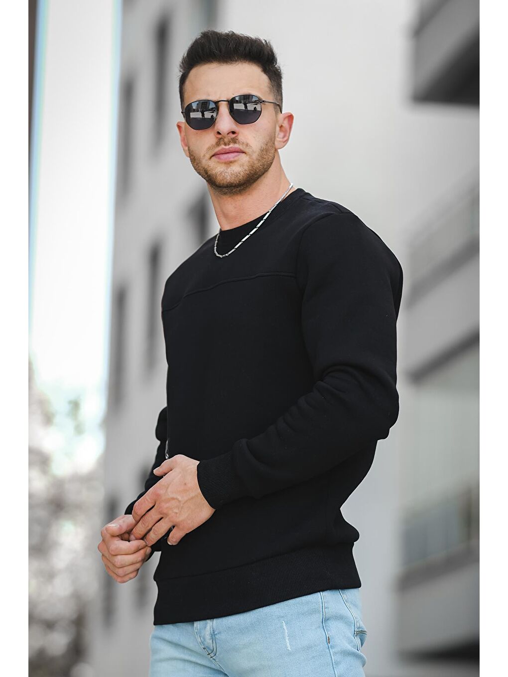 Siyah Üç İplik Şardonlu Kuru Kafa Baskılı Cep Detaylı Erkek Sweatshirt-2