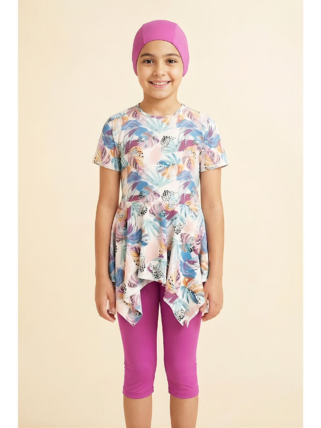 Karışık Kız Çocuk Elbise Mayo Takımı (Etek Uçları Asimetrik Üst+Diz Boy Alt ve Bone) 7-12 Yaş 12602B-1