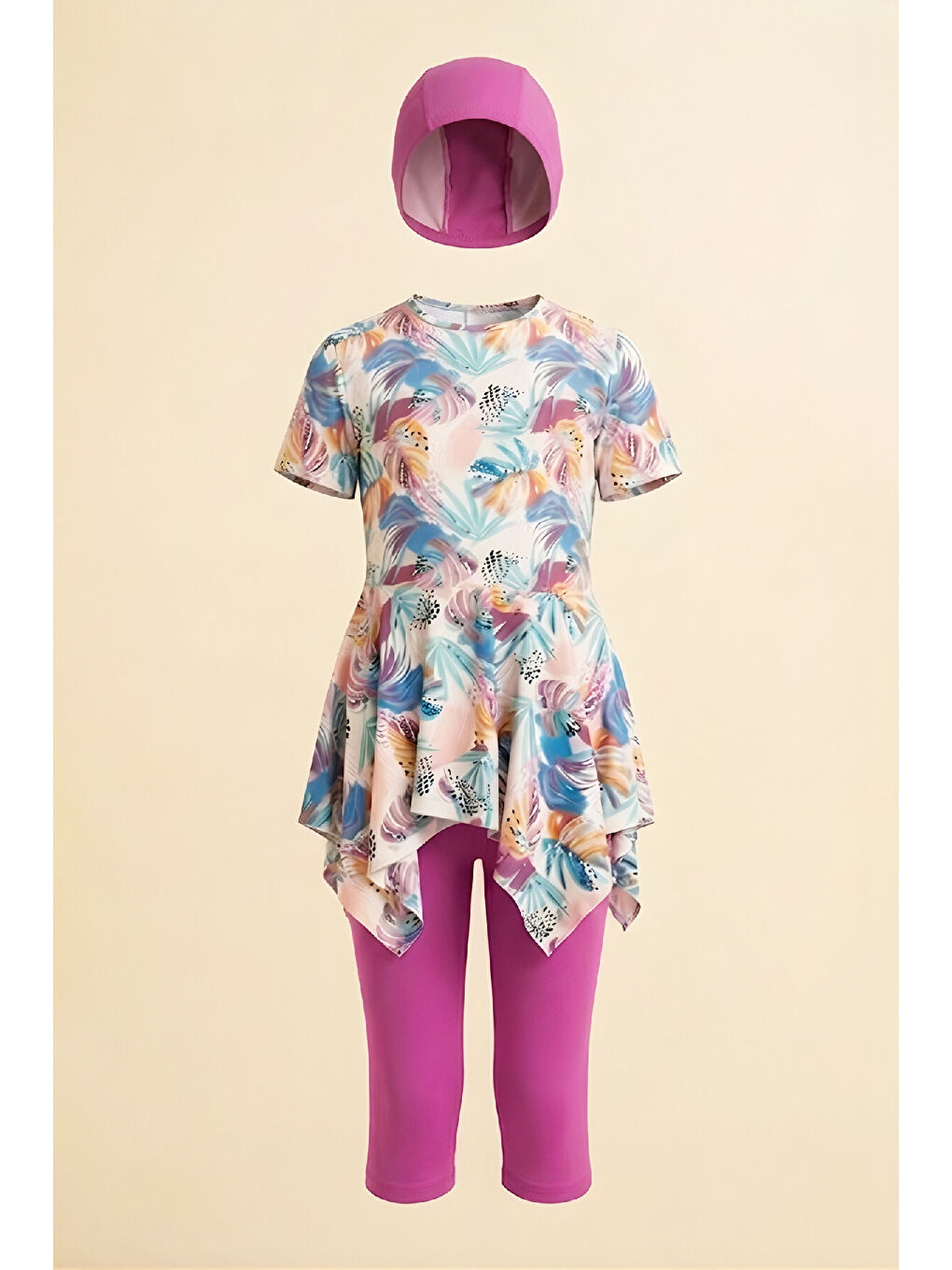 Karışık Kız Çocuk Elbise Mayo Takımı (Etek Uçları Asimetrik Üst+Diz Boy Alt ve Bone) 7-12 Yaş 12602B-2