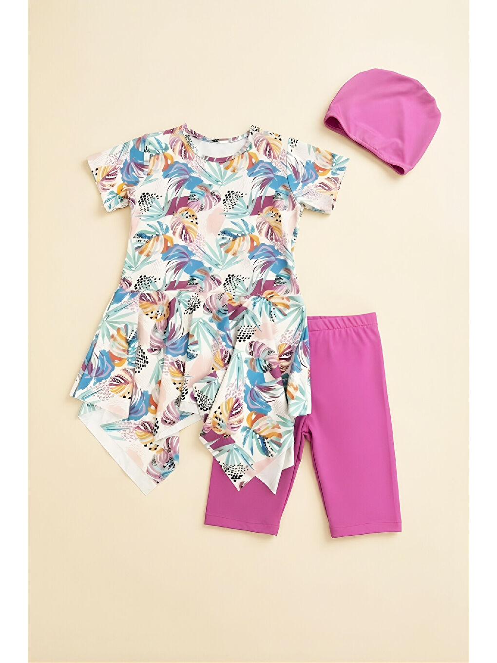 Karışık Kız Çocuk Elbise Mayo Takımı (Etek Uçları Asimetrik Üst+Diz Boy Alt ve Bone) 7-12 Yaş 12602B-3