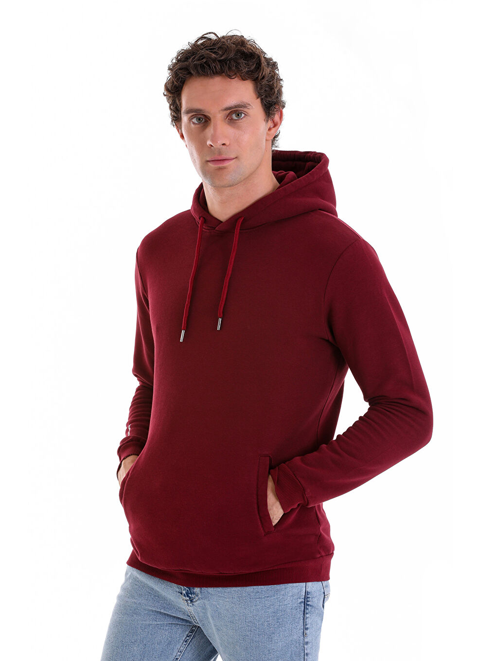 Hatemoğlu Bordo Regular Fit Düz Pamuklu Kapüşonlu Kanguru Cepli Sweatshirt - 1