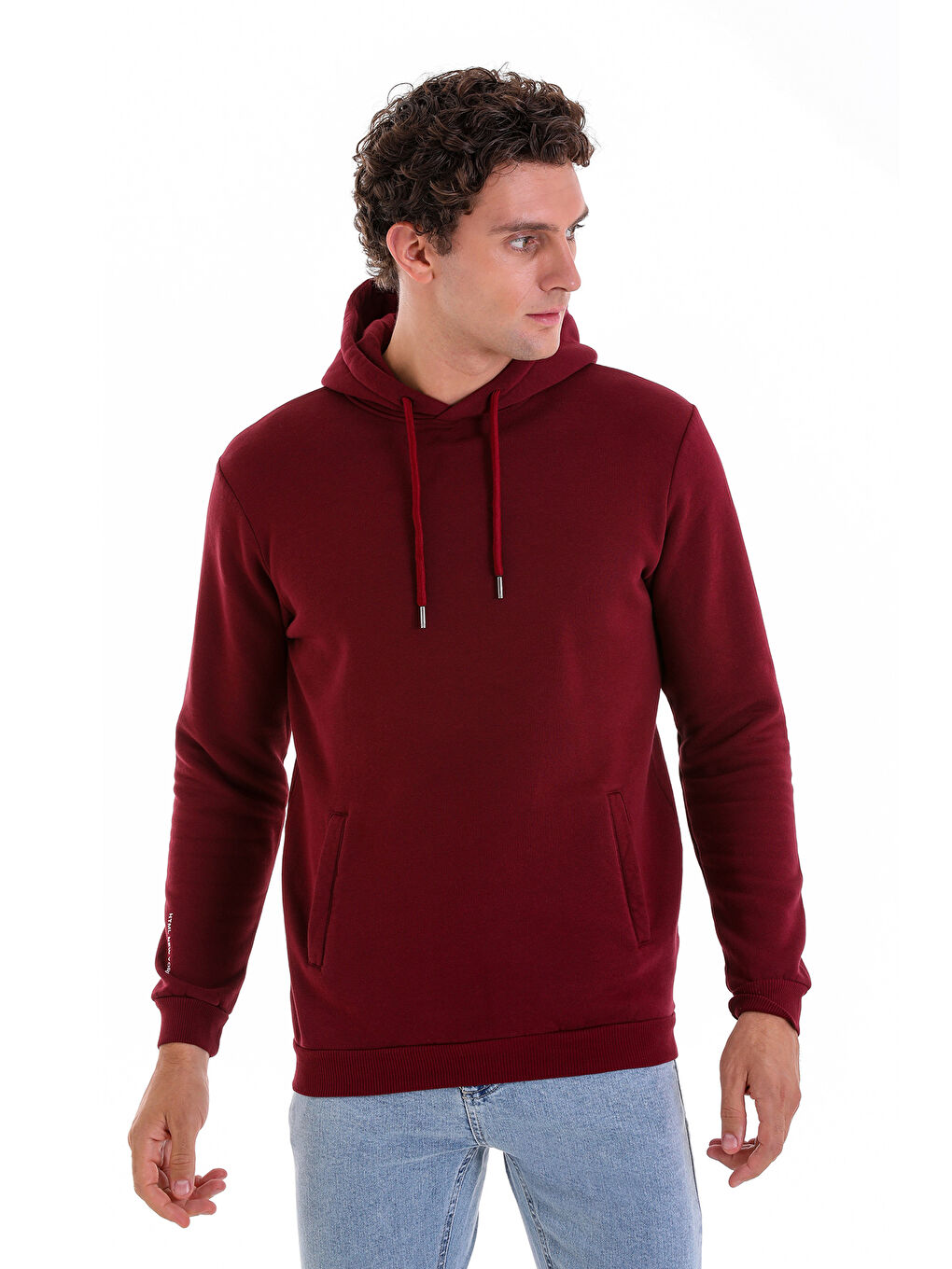 Hatemoğlu Bordo Regular Fit Düz Pamuklu Kapüşonlu Kanguru Cepli Sweatshirt - 2