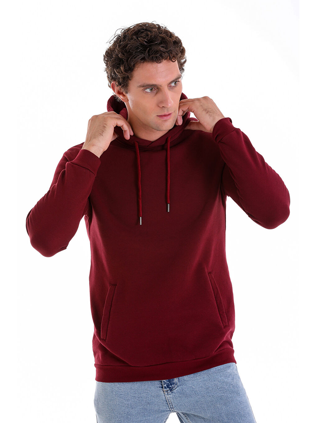 Hatemoğlu Bordo Regular Fit Düz Pamuklu Kapüşonlu Kanguru Cepli Sweatshirt - 3