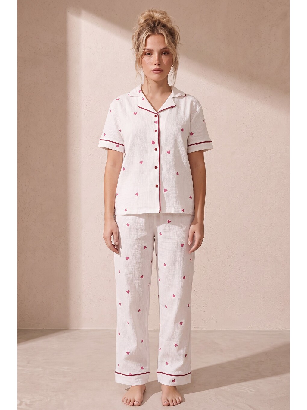 Ekru Bürümcük-krınkıl Kısa Kollu Düğmeli Biyeli Pijama Takım 26120525-1