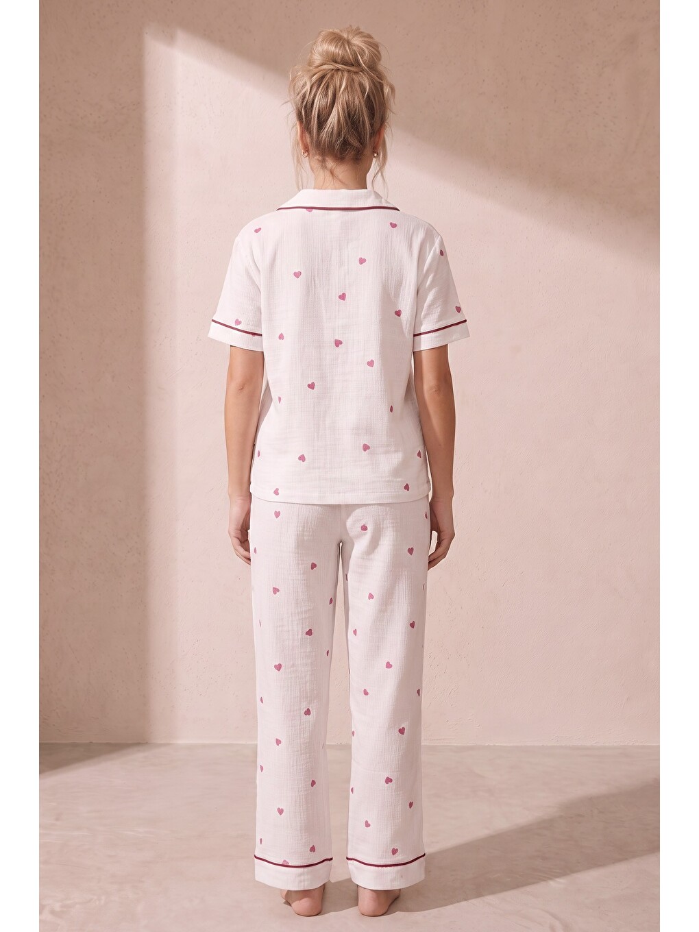 Ekru Bürümcük-krınkıl Kısa Kollu Düğmeli Biyeli Pijama Takım 26120525-2