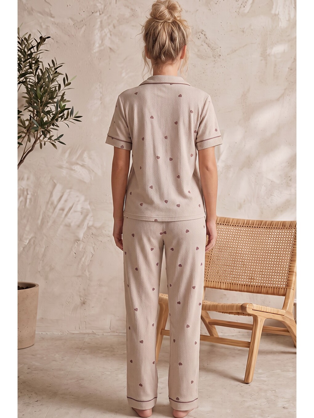 Bej Bürümcük-krınkıl Kısa Kollu Düğmeli Biyeli Pijama Takım 26120525-2