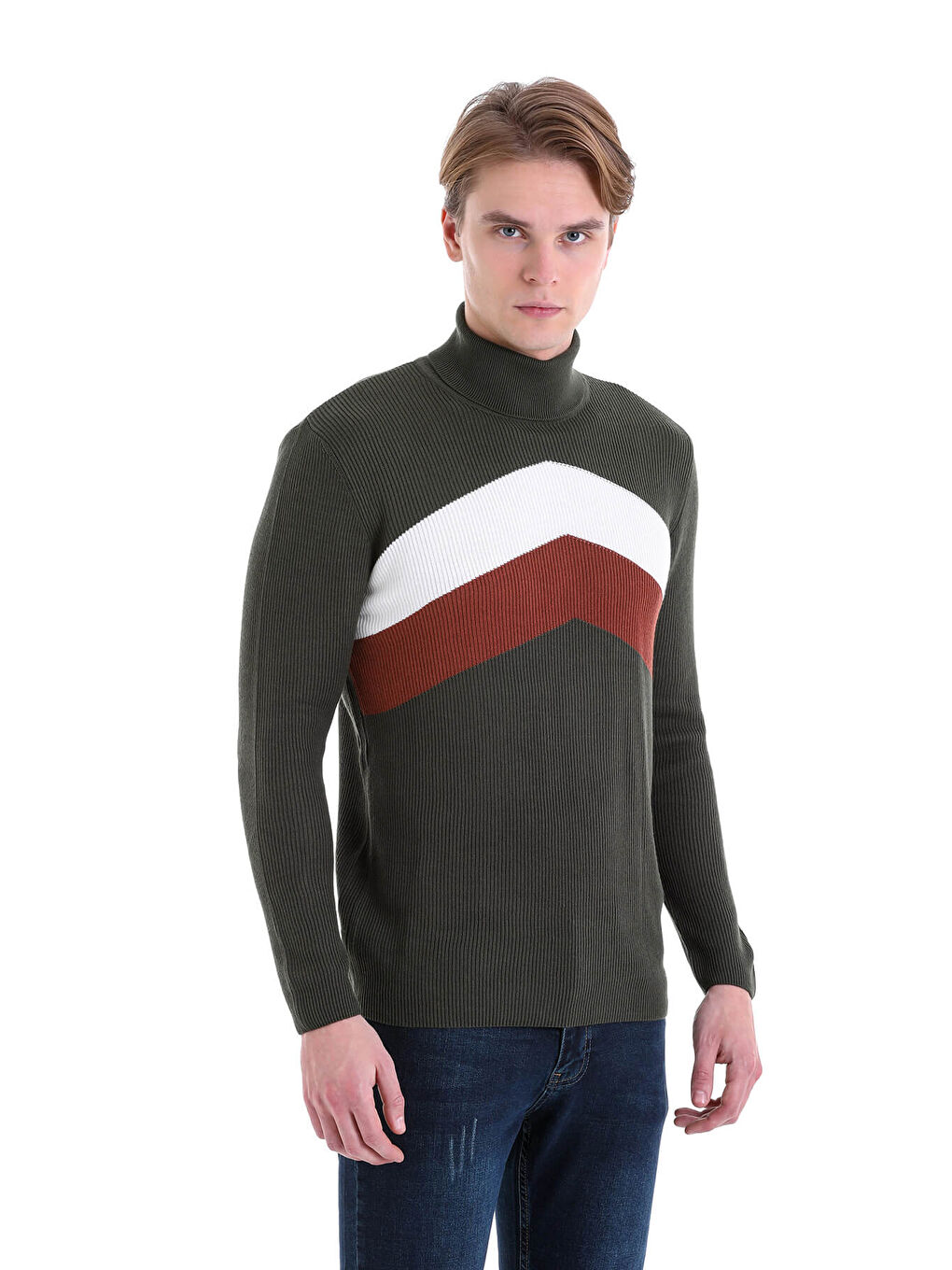 Haki Slim Fit Desenli Pamuklu Balıkçı Yaka Triko Kazak